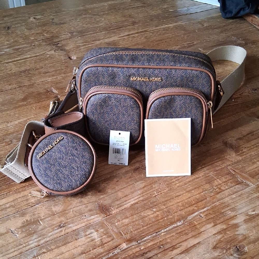 Michael Kors Dark Brown and Beige Belt Bag Set